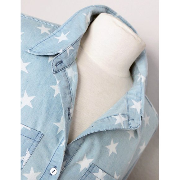Light Blue Stars Cotton Fray Hem Button Up Shirt - Picture 2 of 8